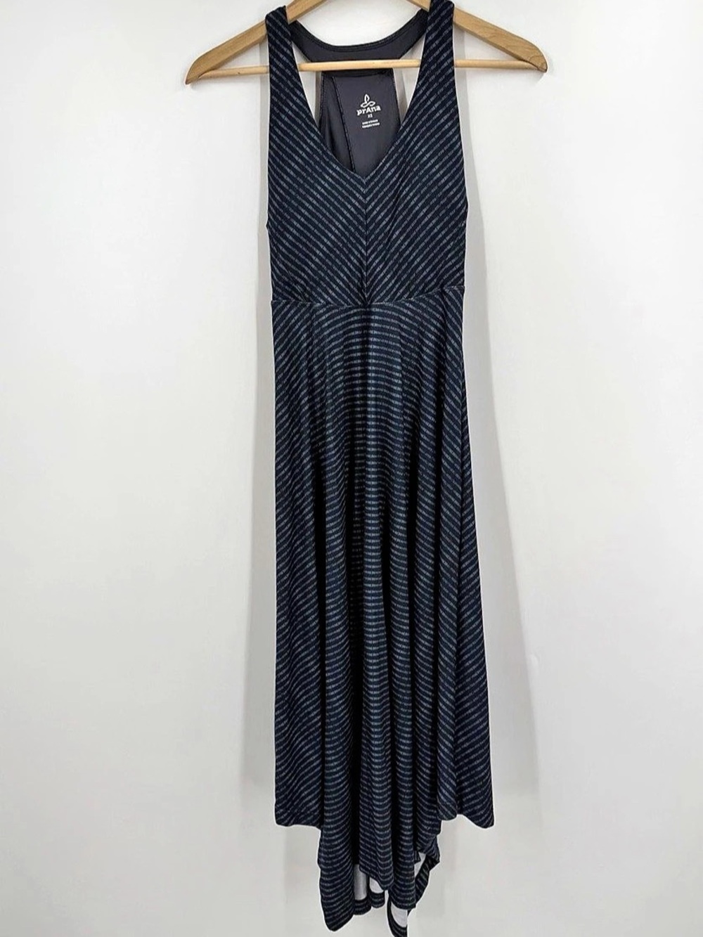 prAna Saxon Dress XS Navy Stripe Handkerchief Hem Crossback Boho Yoga